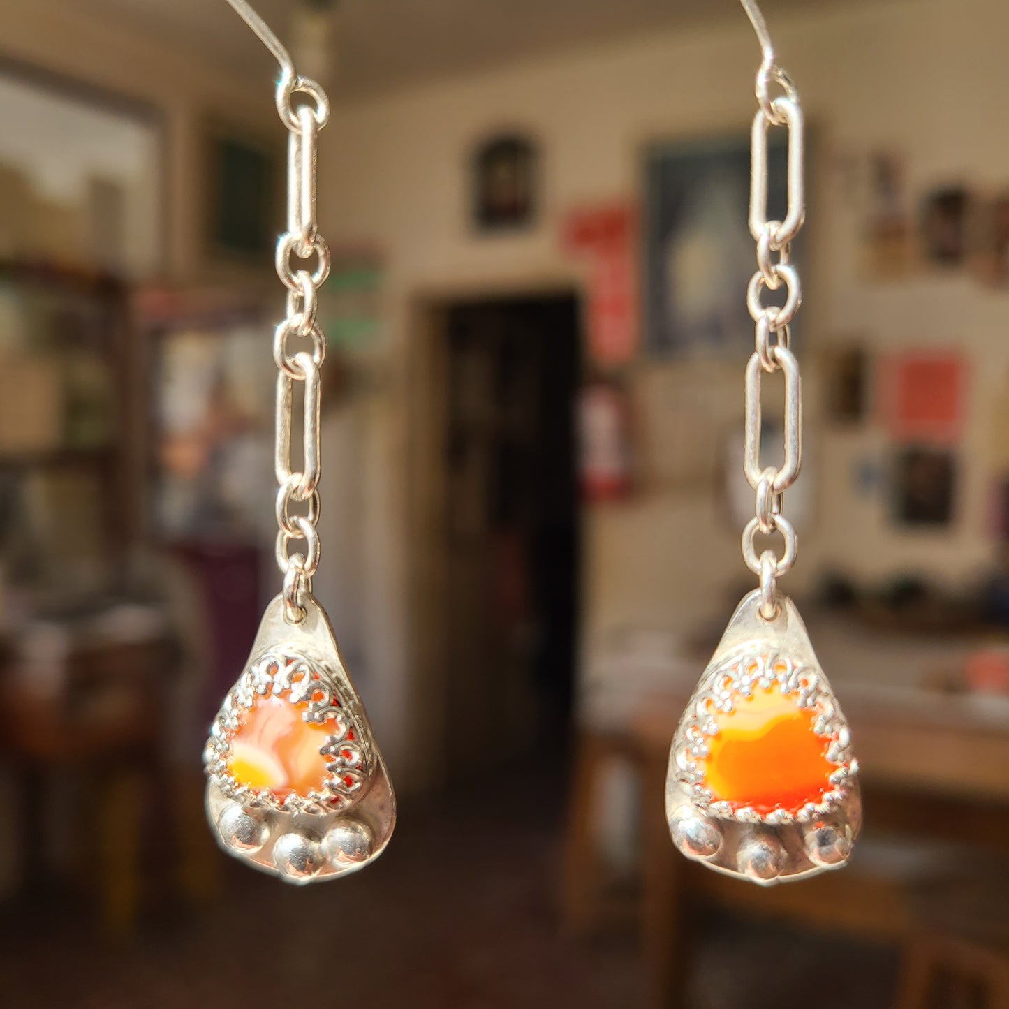 Fire Opal Earrings, Sterling Silver