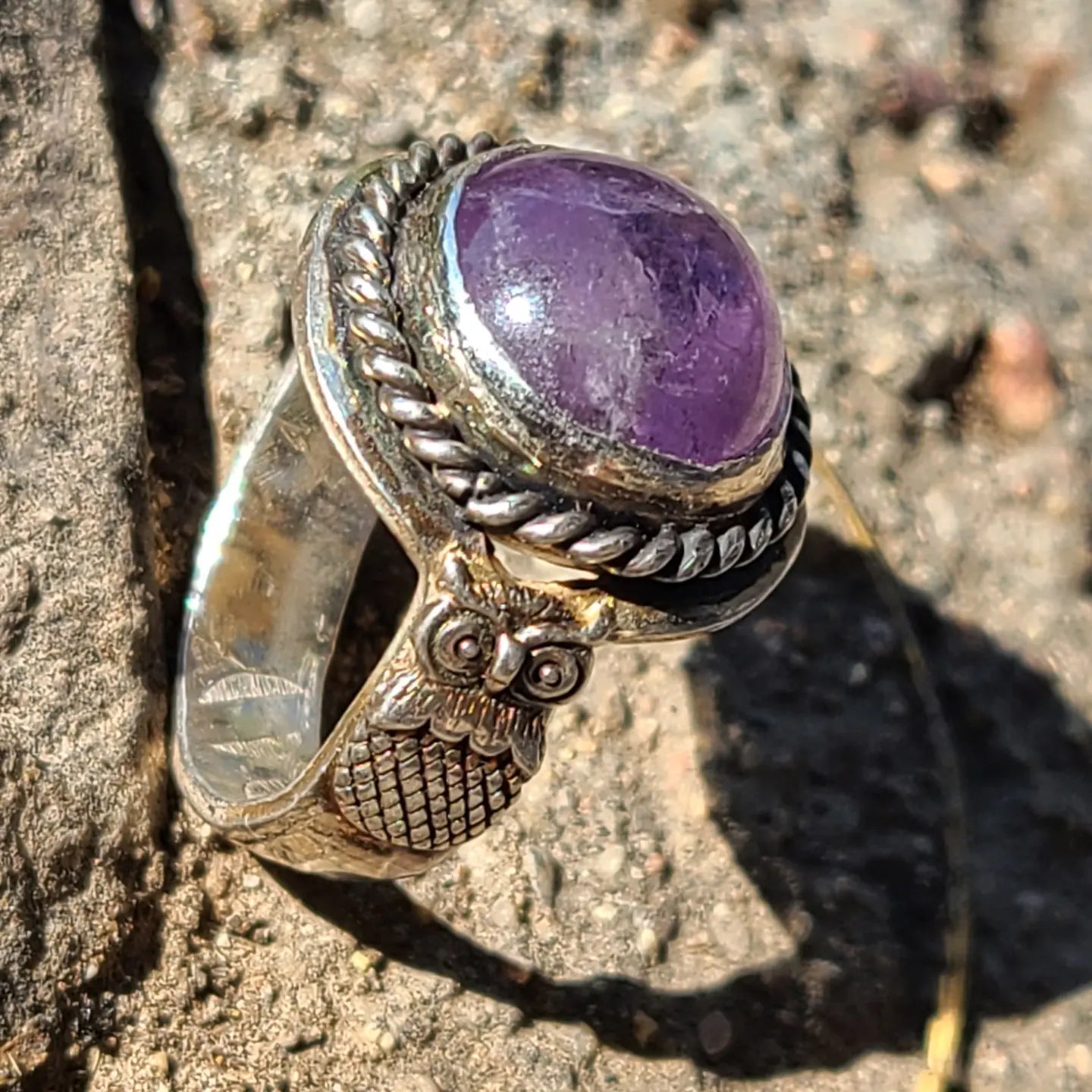 Amethyst Owl Ring, Sterling Silver, Size 8.5